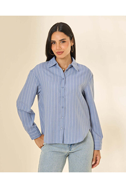 REDTAG Women Blue And White Striped Shirt Blouse