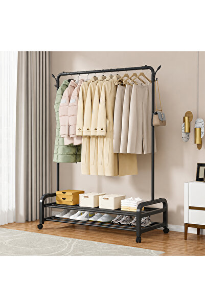 KLNAMAEAAN Heavy Duty Clothes Rack with Wheels, 2-Tier Garment Rack with Shoe...