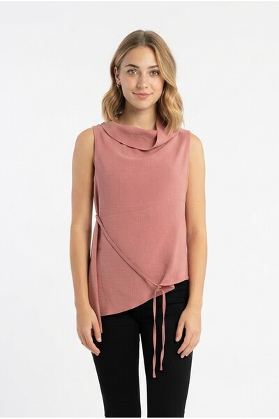 Generic Brand Women's Asymmetrical Cut Tie-Up Low-Cut Back Detailed Sleeveless Blouse T-Shirt