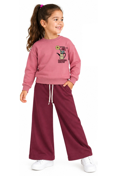 İrem Çocuk Giyim Girl's Garden Grow Written Front and Back Patterned Dusty Ro...