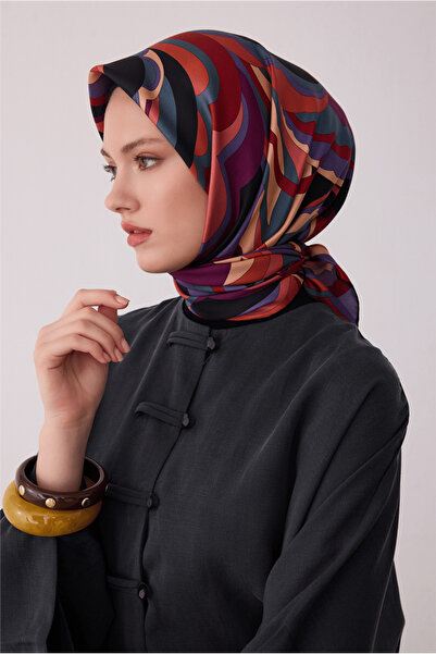Belli Mor Soyut Desen %100 Twill İpek Eşarp 4414-80