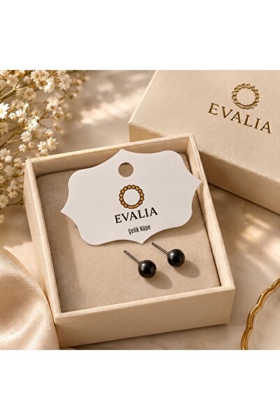 EVALIA Siyah İnci Küpe 8MM - Paslanmaz Çelik İnci Top Küpe