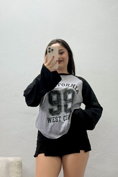 Kadın Reglan Kol Bisiklet Yaka Penye Sweat Gri Siyah