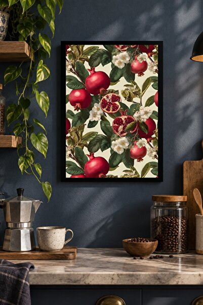 Kırmızı Meyve ve Çiçek Desenli Dekoratif MDF Tablo, Çerçeve Görünümlü Ahşap Poster