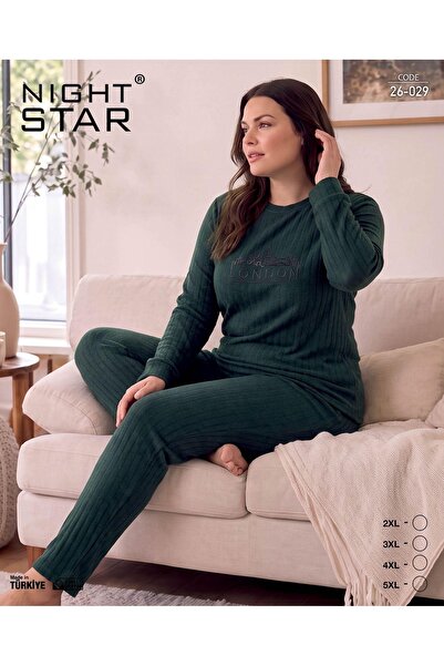 Night Star طقم بيجامة روما قطنية محبوكة مطبوعة باللون الزمردي مقاس كبير