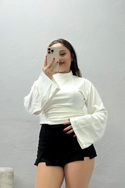 BELENDİR Women's Kimono Sleeve Stand Collar Blouse Ecru