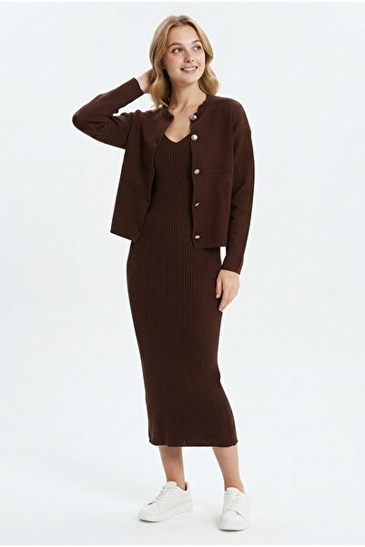 Şeker Portakalım Women's Fititli Zero-Sleeve Knitwear Dress and Buttoned Card...