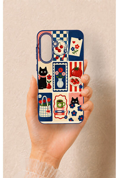 Vip Case Samsung A56 Uyumlu Sevimli Kedi ve Çiçek Desenli Silikon Kılıf