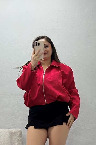 BELENDİR Dabıl High Collar Zippered Crop Women's Jacket Red