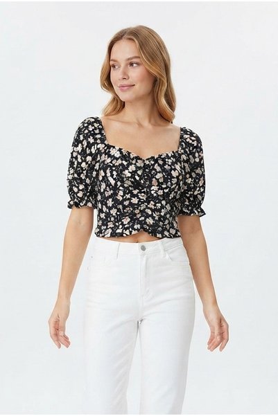 Generic Brand Tricou crop pentru femei, cu imprimeu floral, guler pătrat, cu șnur în față, mânecă scurtă, din material elastic, model elegant de vară