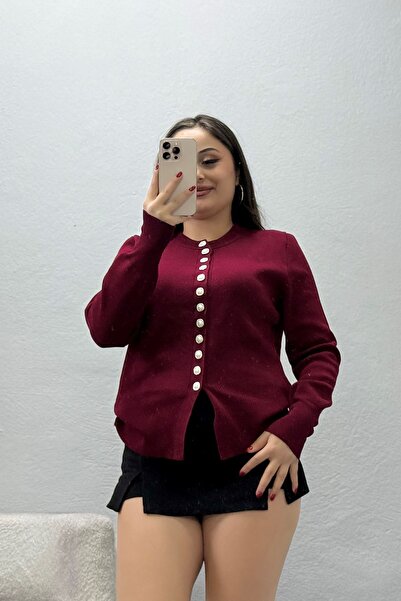 BELENDİR كارديجان نسائي محبوك بأزرار لؤلؤية باللون الأحمر الداكن