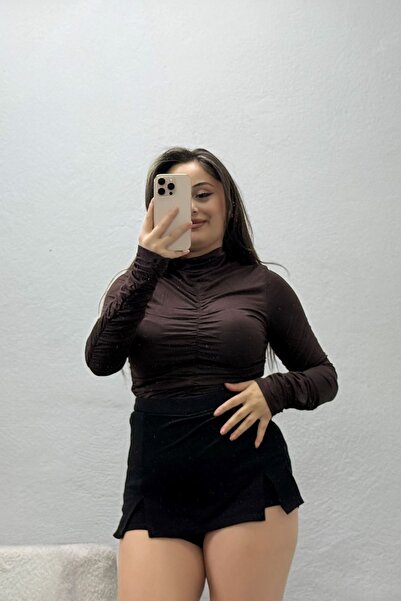 BELENDİR Women's High Collar Long Sleeve Blouse with Elastic Gathered Midriff...