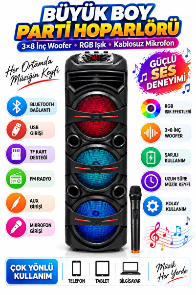 Maybax Büyük Boy 3x8 İnç Woofer RGB Işıklı Bluetooth Parti Hoparlörü Kablosuz...