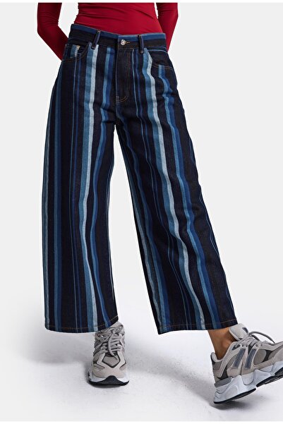 it's basic Kadın Mavi Çizgi Desen 7w6-2 Cullote Fit Tasarım Denim Jean