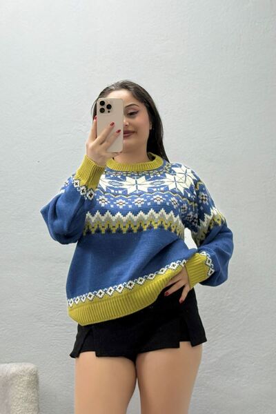 BELENDİR Women's Patterned Knitwear Sweater Indigo Mustard