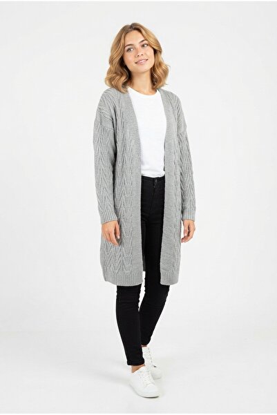 Şeker Portakalım Women's open-front cardigan with braided detail and chunky knit
