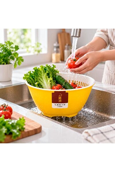 Warehouse Double Vegetable and Fruit Strainer with Bowl – Yellow – 21.6 × 21....