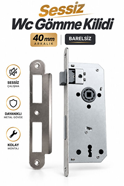 Badem10 Sessiz Gömme Kilit 40 mm WC Kapı Kilidi Barelsiz İç Banyo Tuvalet Kap...