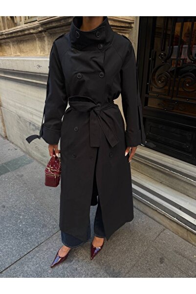 Ekim Store Long Araboy High Collar Belted Double-Breasted Trench Coat