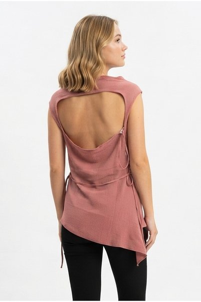 Generic Brand Women's Asymmetrical Cut Tie-Up Low-Cut Back Detailed Sleeveless Blouse T-Shirt