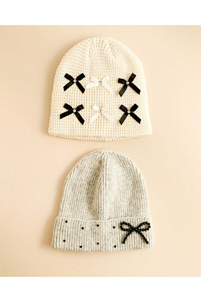 REDTAG Women Cream And Light Grey Embellished Knit Beanies (Pack Of 2)