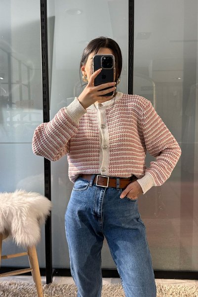 Noa&Noa Thin Striped Button Detail Cardigan Pink