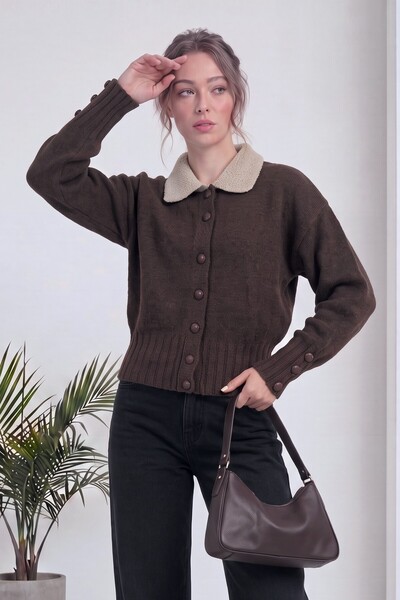 zks grup tekstil Women's Shirt Collar Buttoned Knitwear Cardigan Beige, Burgu...