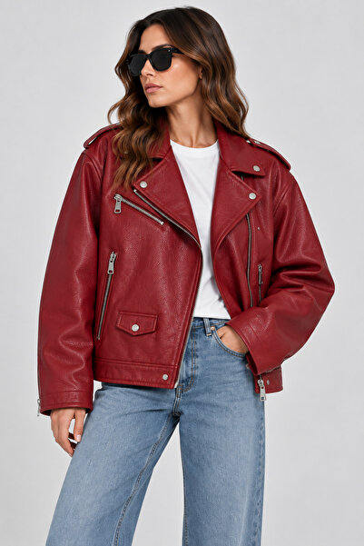Basics&More Basics & More Kadın Biker Hakiki Deri Ceket Fermuarlı Cepli Rahat...