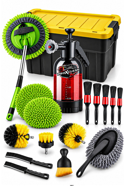 PROXCLEAN 17 Parça Oto Yıkama ve Bakım Seti Köpük Pompası Mop Fırça Bez 20LT Sünger Kutulu