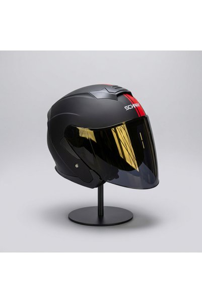 scharf 528 Siyah Vizörlü Yarım Motosiklet Kaskı - Güneş Camlı Açık Kask (MBLACK Y2RED)