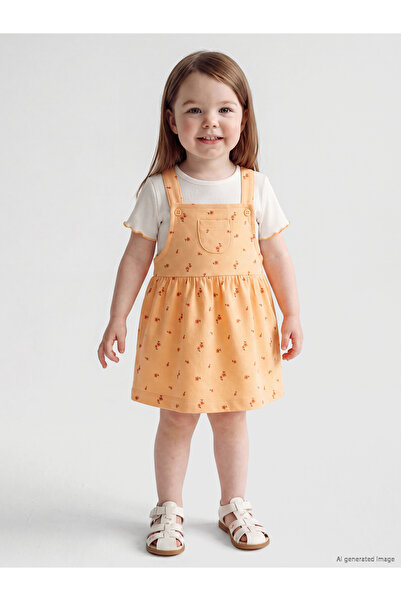 LC Waikiki Floral Baby Girls' Dungaree Dress and T-Shirt