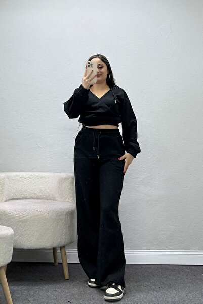 BELENDİR Women's Hooded Crop Thessaloniki Set Black
