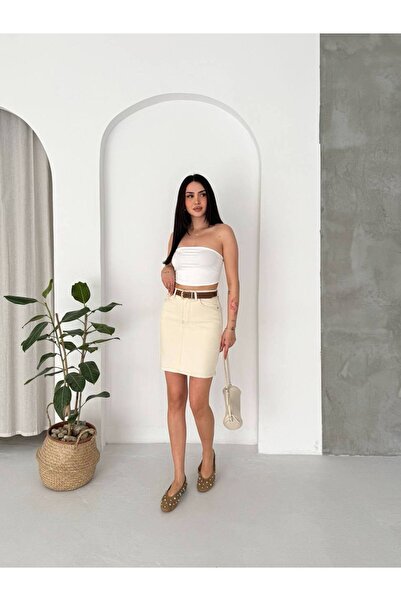 Noa&Noa Leather Belted Denim Skirt - Cream Cream
