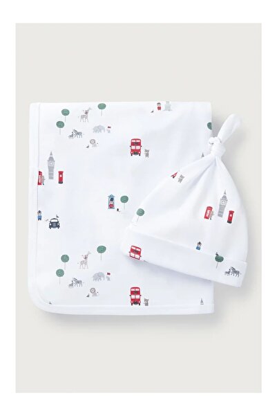 THE WHITE COMPANY Organic Cotton London Patterned Baby Blanket and Hat Set