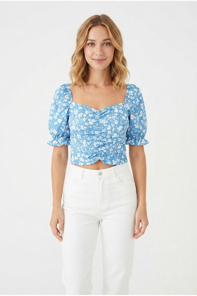 Generic Brand Women's Floral Patterned Square Neck Front Gathered Short Sleeve Stretch Fabric Stylish Summer Model Crop T-Shirt