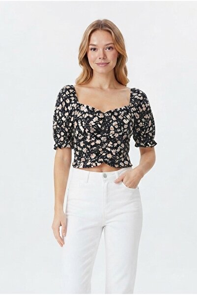 Şeker Portakalım Women's Floral Patterned Square Neck Front Gathered Short Sl...