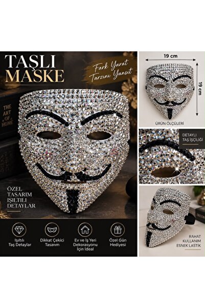 Taşlı Maske - V for Vendetta Tasarımlı Işıltılı Taş Detaylı Polyester Dekoratif Maske (19x19 cm)