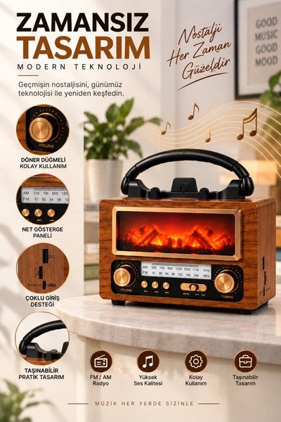 Omaze Nostaljik Bluetooth Hoparlör Retro Radyo FM/AM Şömine Efektli Telefon Standlı Taşınabilir Ahşap Görünümlü Ses Sistemi