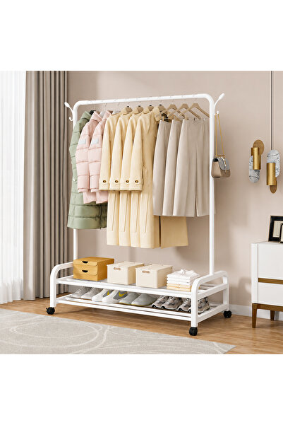 KLNAMAEAAN Heavy Duty Clothes Rack with Wheels, 2-Tier Garment Rack with Shoe...