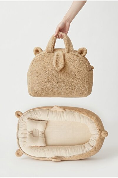 BEBİS Teddy Bag-Like Babynest 2-Layer Portable Baby Bed with Muslin Inner Sur...