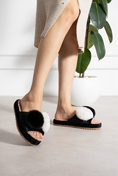 Moda Devrin Women's Black Double Pompom Plush Slippers, Soft Sole Home Slippers