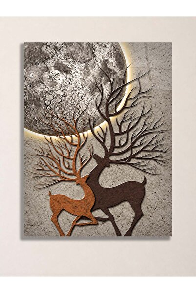 Geyik ve Ay Temalı Metal Tablo - Rustik Duvar Dekoru, Metal Poster Wall Art