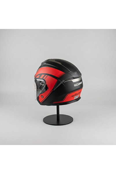 scharf 528 Şeffaf Vizörlü Yarım Motosiklet Kaskı - Güneş Camlı Açık Kask (R1 RED)