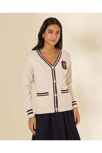 REDTAG Women Cream Varsity Knitted Cardigan