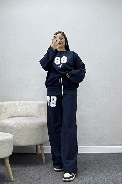 BELENDİR Women's 2 Threaded Drawstring Sleeve Sweatpants Set Dark White