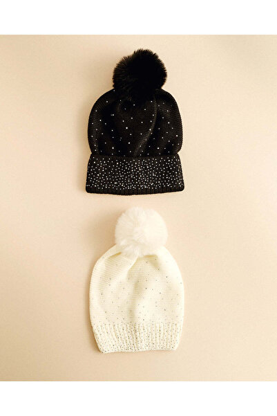 REDTAG Women Black And White Embellished Knit Beanies (Pack Of 2)
