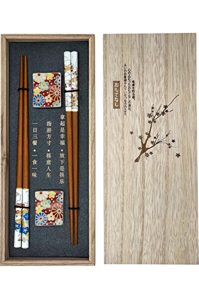 Generic Sushi Chopsticks Set, 2 Pairs, Floral Pattern, with Wooden Box