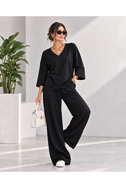 ASPRIVE Kadın v Yaka Truvakar Kollu Oversize Bluz ve Geniş Paça Pantolon İkil...