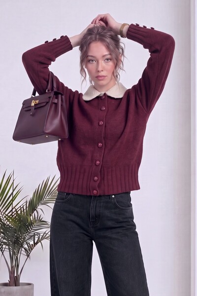 zks grup tekstil Women's Shirt Collar Buttoned Knitwear Cardigan Beige, Burgu...