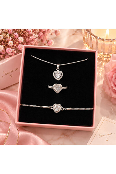Kadın Luxury Takı Seti Kolye Bileklik Ayarlanabilir Yüzük 3’lü Elegant Premium Set